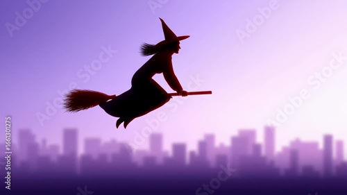 Witch silhouette flying broomstick over city skyline dusk purple sky creating mysterious magical atmosphere enchanting night scene