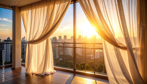 Viewing City at Sunrise From Apartment Balcony with Flowing Curtains