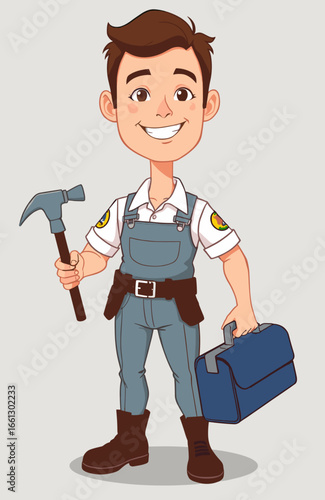 Happy young male worker holding a hammer and a toolbox on a light background for concept