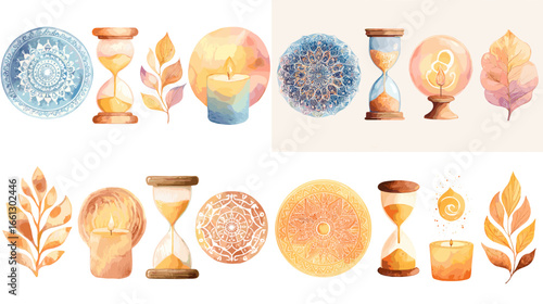 Watercolor illustration set featuring hourglasses, mandalas, candles, and leaves. Symbolic of time, meditation, mindfulness, and relaxation in soft pastel tones.