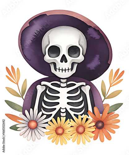 Cheerful skeleton in purple witch hat surrounded by autumn leaves and daisies, festive illustration for Halloween and Day of the Dead. Halloween PNG illustration in watercolor style.