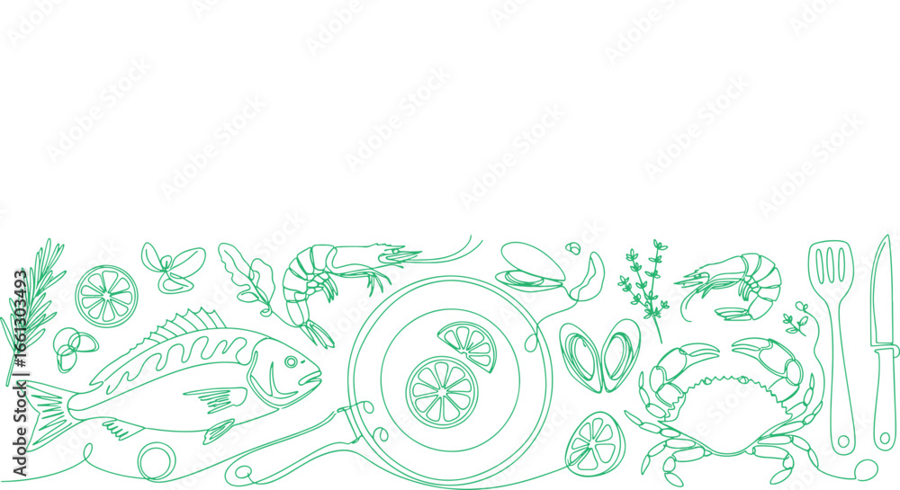 Obraz premium Fresh seafood illustration: vibrant and modern kitchen design, vector line art