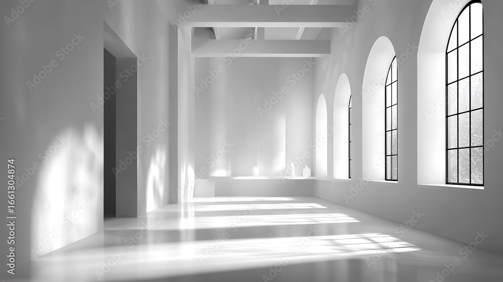 Fototapeta premium Minimalist Empty Space: Arched Windows and Light-shadow Design