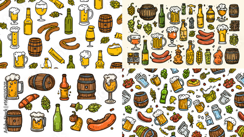 Colorful doodle illustration set of beer mugs, bottles, sausages, hops, pretzels, and barrels representing Oktoberfest and pub culture.