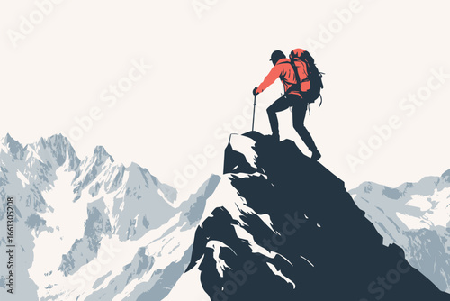 flat vector of a hiker with backpack climbing mountain trail, minimal adventure theme