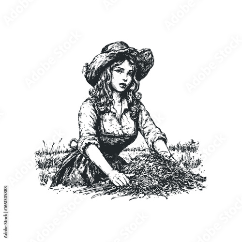 Woman with flowing hair wearing a wide-brimmed hat harvesting hay in a field