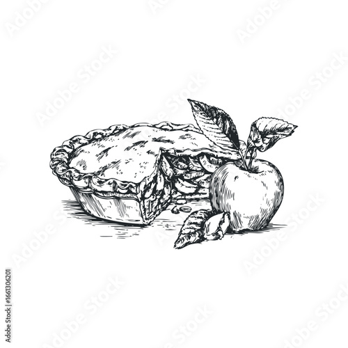 Sketch of a sliced apple pie with fresh apple and leaves
