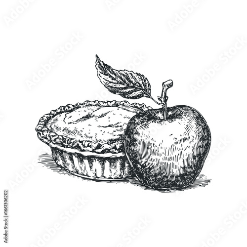 Hand-drawn apple and pastry with leaf detail