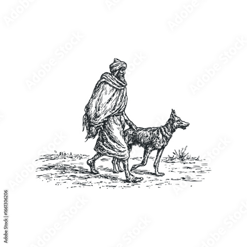 Sketch of Man with Turban Walking with a Dog in a Grassy Field