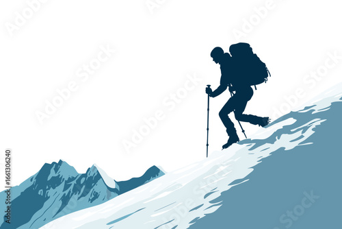 flat vector of a hiker with backpack climbing mountain trail, minimal adventure theme
