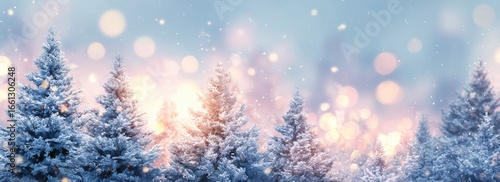 Snowy pine trees bathed in warm, golden light, with soft bokeh background