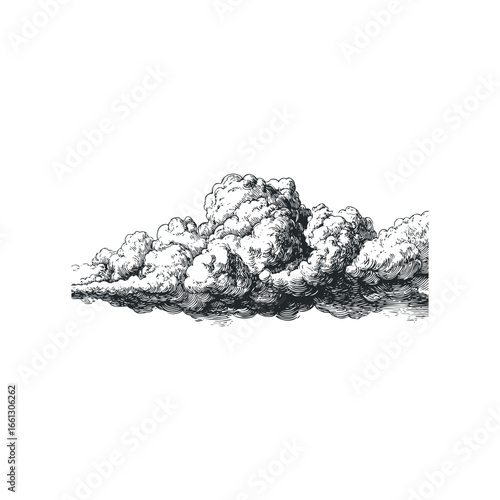 Intricate Engraving of Cumulus Clouds on a White Background