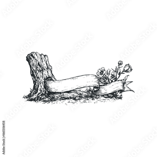 Hand Drawn Sketch of a Tree Stump with a Ribbon and Flowers