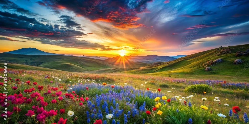 Fototapeta premium Vibrant Wildflower Meadow at Sunset