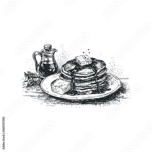 Hand drawn sketch of stacked pancakes with syrup and butter