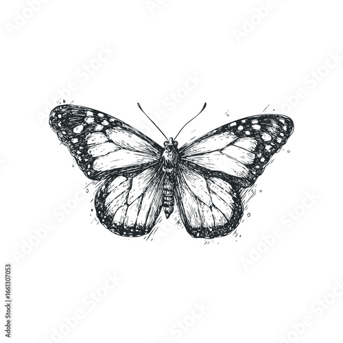 Detailed ink sketch of a monarch butterfly with black and white wings
