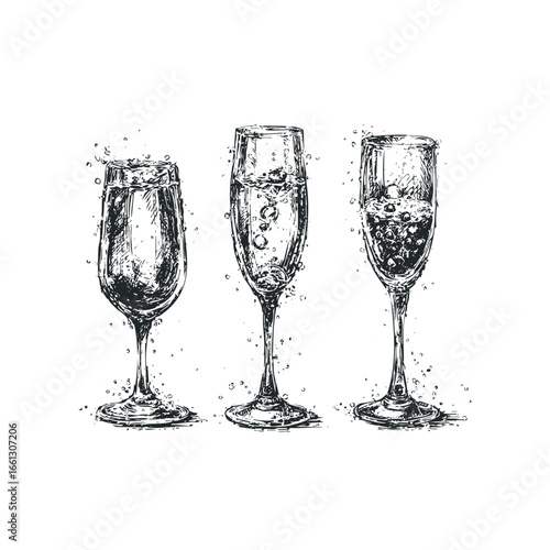 Three glasses of bubbly liquid with aeration and droplets