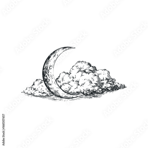Crescent moon obscured by textured clouds in a monochrome sketch