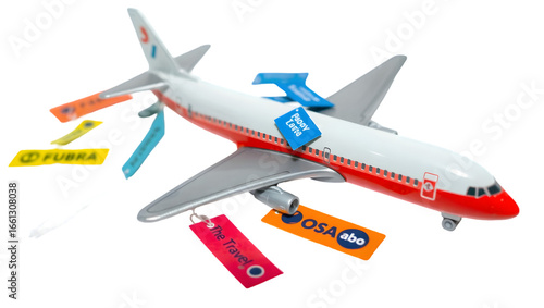A toy airplane with attached company logo tags in various colors on a black background studio shot