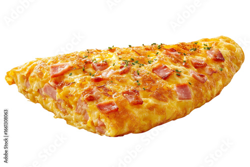Classic omelette stuffed with ham and cheese isolated on transparent background