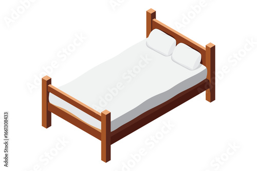 Isometric wooden bed with mattress. 3D isometric bed. Wooden bed frame with mattress and pillow. Isometric bedroom furniture