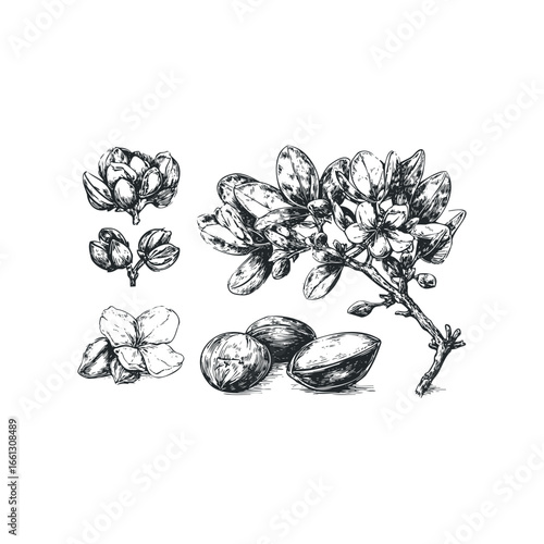 Hand Drawn Botanical Study of Magnolia Flowers and Seed Pods
