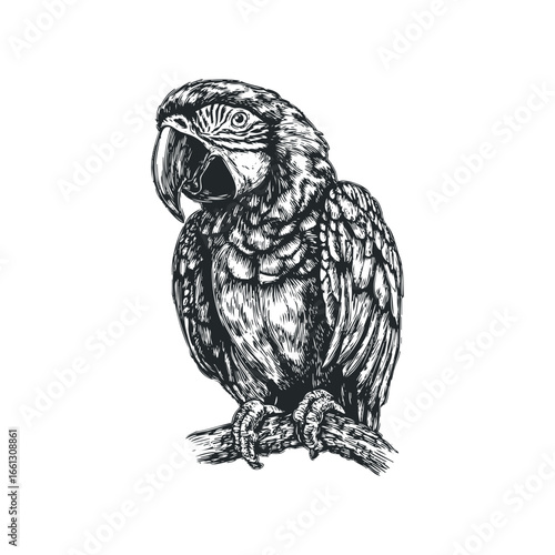 Detailed sketch of a macaw bird perched on a branch with its beak open