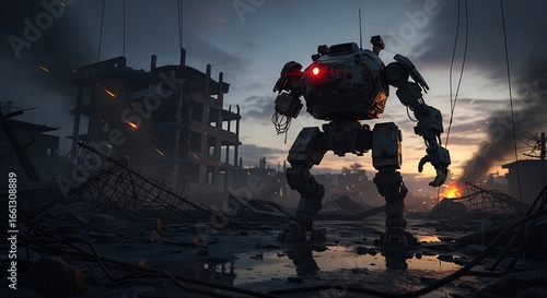 Giant Robot in Post Apocalyptic Ruined City Landscape