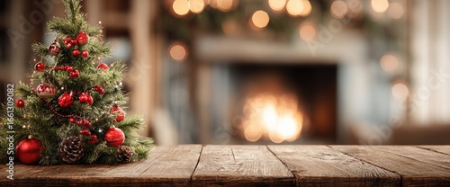 Christmas tree on rustic wooden table with blurred fireplace background