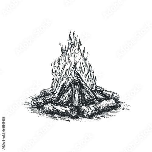 Black and White Sketch of a Campfire with Burning Logs