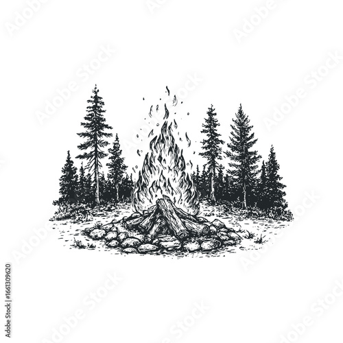 Campfire burning with logs and stones in a pine forest clearing