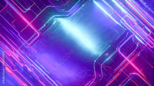 Wallpaper Mural Futuristic neon circuit board background, glowing pink and blue lines with bright light effect on dark digital surface Torontodigital.ca