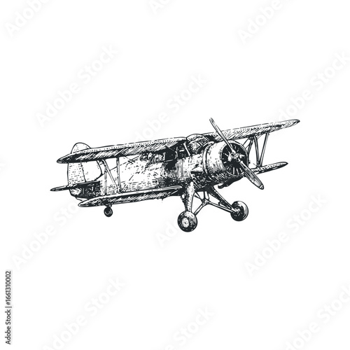 Vintage Biplane Flying Against a White Background
