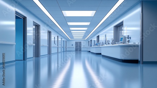 Wallpaper Mural Long and empty corridor in a modern hospital or clinic with sterile blue lighting and reflective flooring Torontodigital.ca