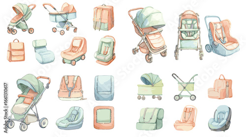 Soft pastel watercolor illustration set of baby strollers, prams, car seats, and travel bags for infant and toddler care essentials.