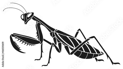 Striking vector illustration of a praying mantis with intricate details and a bold black silhouette against a white background