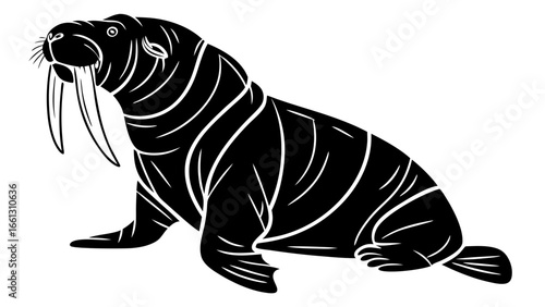 Striking vector illustration of a walrus with prominent tusks, showcasing its unique features and Arctic habitat in black and white