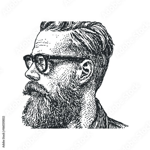 Man with beard and glasses in profile sketch