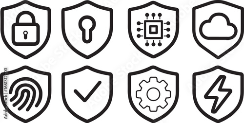 Minimalist shield security icons set with padlock, fingerprint, cloud, and gear symbols for cybersecurity and data protection