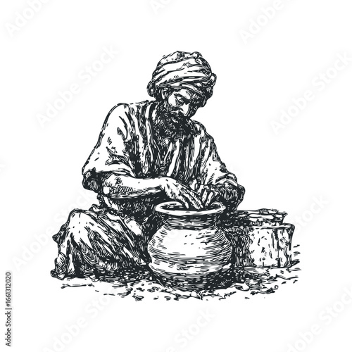 Man in turban crafting a clay pot with his hands