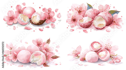 Watercolor illustration set of fresh lychee fruits with blossoms, leaves, and peeled halves in soft pink artistic style. Perfect for food, tropical, and botanical themes.