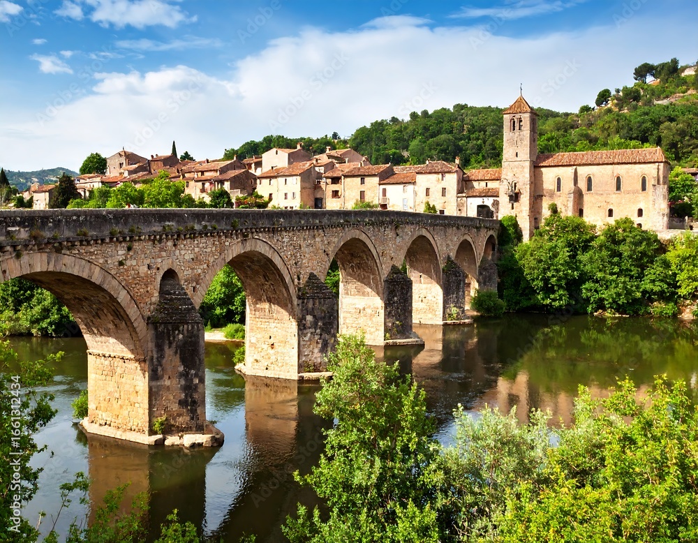Fototapeta premium Stone bridge over a river, village nestled in the hills
