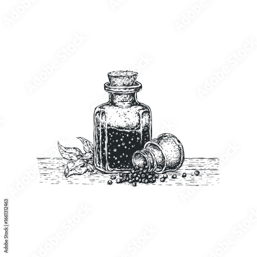 Ink sketch of peppercorns spilled from a glass bottle next to fresh leaves