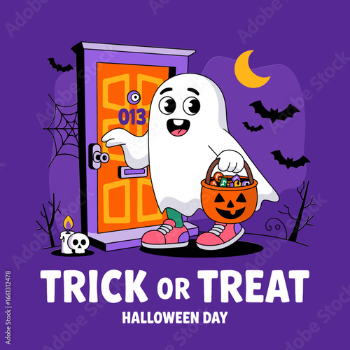 Trick or treat ghost at door, candy bucket, bats and moon, purple Halloween vector