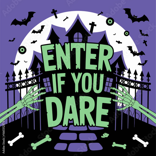 Haunted house gate poster with green enter if you dare typography, bats, purple night vector