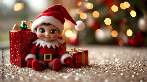 Cheerful holiday elf doll seated beside colorful wrapped gifts in a cozy decorated room