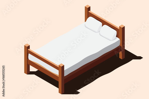 Isometric wooden bed with mattress. 3D isometric bed. Wooden bed frame with mattress and pillow. Isometric bedroom furniture