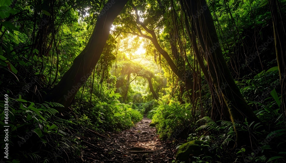 Obraz premium Walking Path Through Lush Tropical Forest with Sunlight
