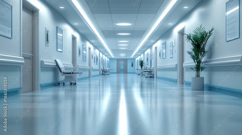 custom made wallpaper toronto digitalLow angle perspective of a sterile blue hospital corridor with a shiny floor, symbolizing the future of modern healthcare and medical technology