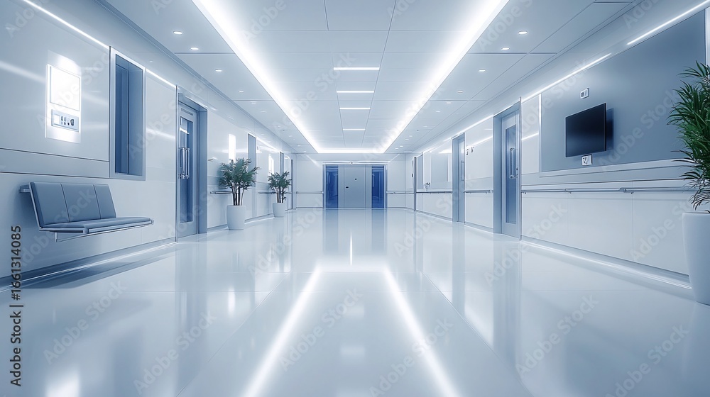 Fototapeta premium Low angle perspective of a sterile blue hospital corridor with a shiny floor, symbolizing the future of modern healthcare and medical technology
